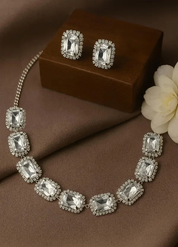 SHANKHRAJ_MALL_Elegant_Chrome_Finish_Necklace_&_Earrings_Set_with_Sparkling_Stones_–_Wedding_&_Party_Jewelry_for_Women_(WHITE)