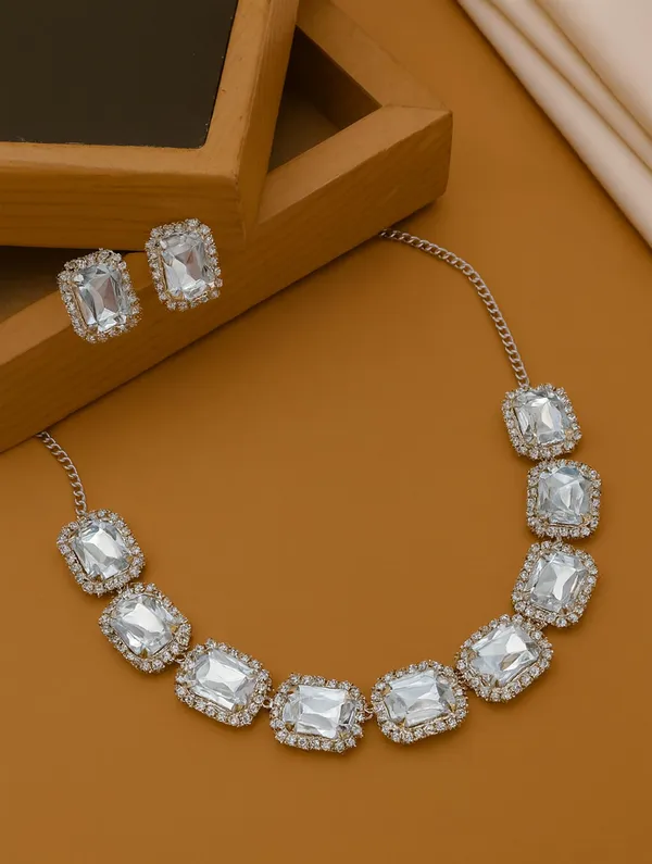 SHANKHRAJ_MALL_Elegant_Chrome_Finish_Necklace_&_Earrings_Set_with_Sparkling_Stones_–_Wedding_&_Party_Jewelry_for_Women_(WHITE)