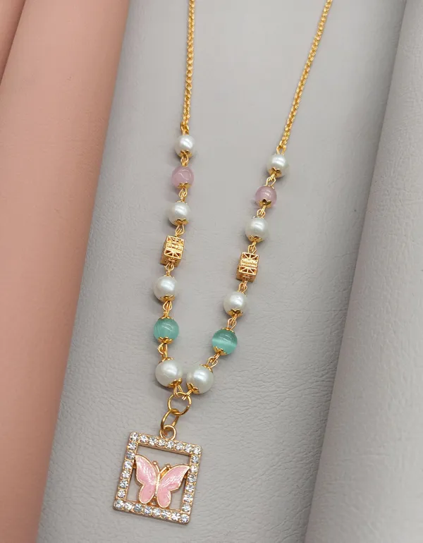 SHANKHRAJ_MALL_Elegant_Pearl_and_Crystal_Butterfly_Pendant_Necklace,_Gold_Plated_Chain_with_Multi-Color_Beads,_Fashion_Jewelry_for_Women_(PINK)
