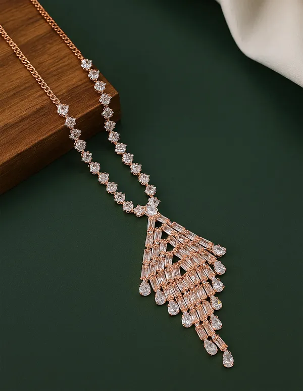 SHANKHRAJ_MALL_Rose_Gold_Crystal_Necklace_and_Earring_Set,_Bridal_Jewelry,_Statement_Pendant_with_Matching_Drop_Earrings