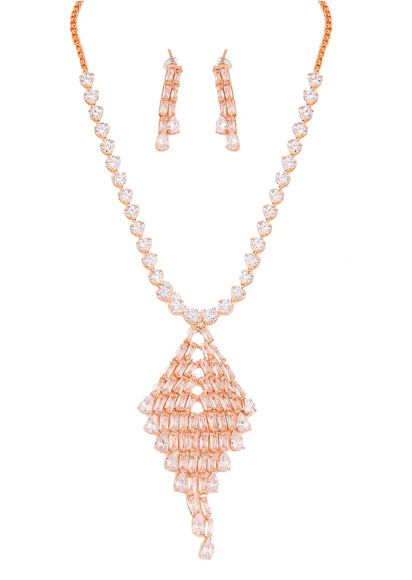 SHANKHRAJ_MALL_Rose_Gold_Crystal_Necklace_and_Earring_Set,_Bridal_Jewelry,_Statement_Pendant_with_Matching_Drop_Earrings
