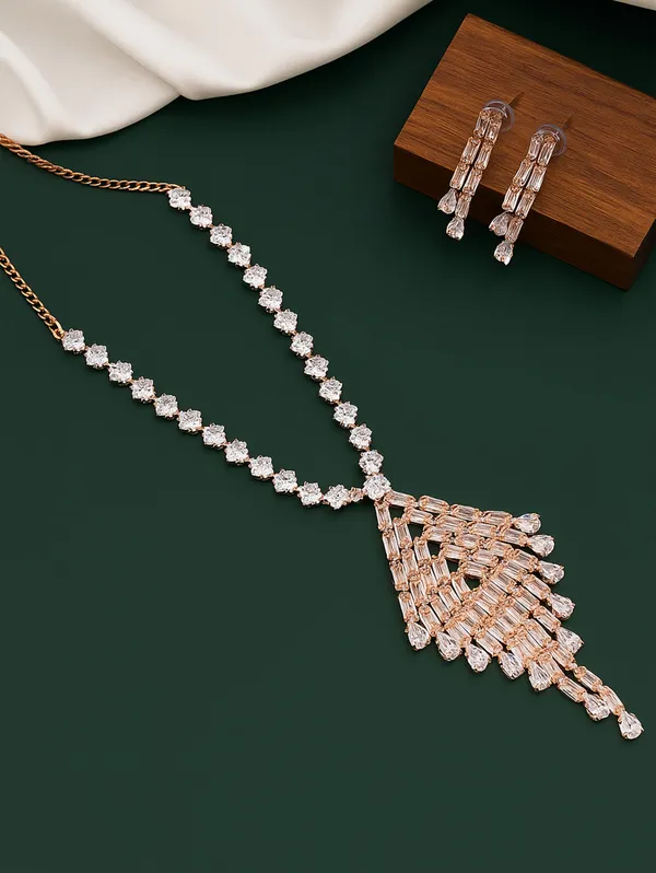 SHANKHRAJ_MALL_Rose_Gold_Crystal_Necklace_and_Earring_Set,_Bridal_Jewelry,_Statement_Pendant_with_Matching_Drop_Earrings