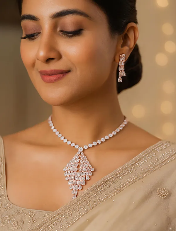 SHANKHRAJ_MALL_Rose_Gold_Crystal_Necklace_and_Earring_Set,_Bridal_Jewelry,_Statement_Pendant_with_Matching_Drop_Earrings