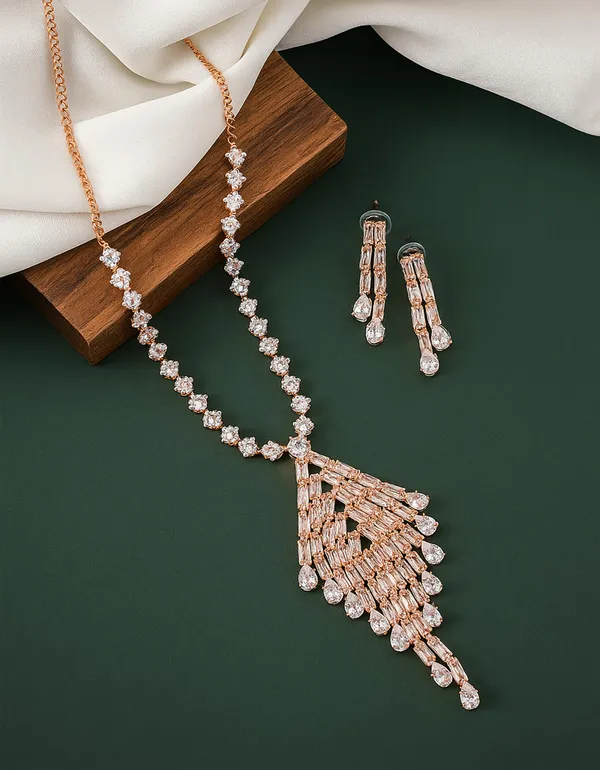 SHANKHRAJ_MALL_Rose_Gold_Crystal_Necklace_and_Earring_Set,_Bridal_Jewelry,_Statement_Pendant_with_Matching_Drop_Earrings