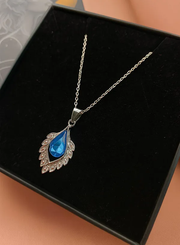 SHANKHRAJ_MALL_Crystal_Bow_Pendant_Necklace_with_Pink_Opal_Square_Stone,_Chrome_Chain,_Rhinestone_Accents_(CN19)