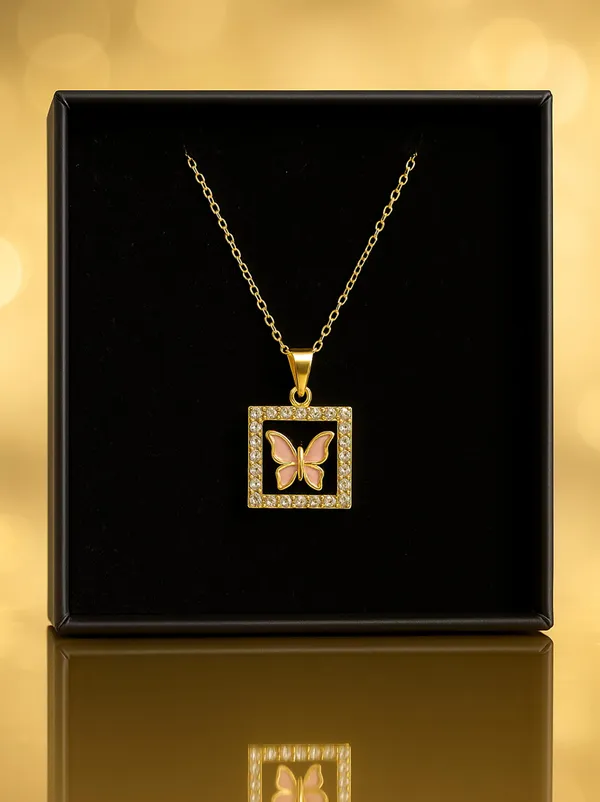 SHANKHRAJ_MALL_Crystal_Bow_Pendant_Necklace_with_Pink_Opal_Square_Stone,_Chrome_Chain,_Rhinestone_Accents_(CN32)