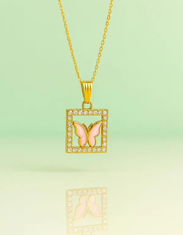 SHANKHRAJ_MALL_Crystal_Bow_Pendant_Necklace_with_Pink_Opal_Square_Stone,_Chrome_Chain,_Rhinestone_Accents_(CN32)