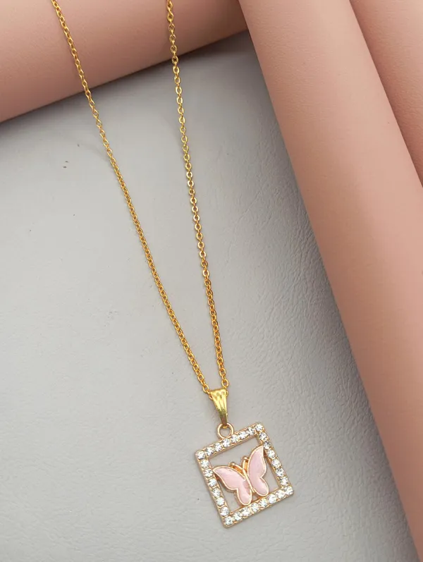 SHANKHRAJ_MALL_Crystal_Bow_Pendant_Necklace_with_Pink_Opal_Square_Stone,_Chrome_Chain,_Rhinestone_Accents_(CN32)