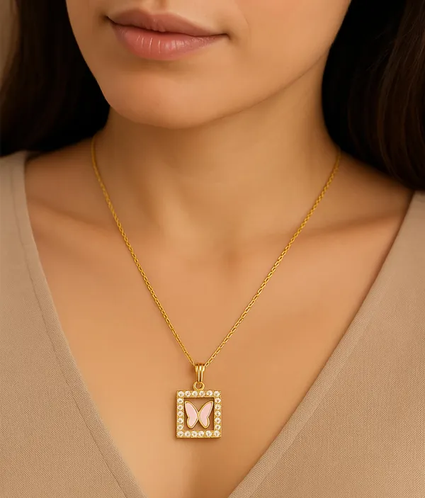 SHANKHRAJ_MALL_Crystal_Bow_Pendant_Necklace_with_Pink_Opal_Square_Stone,_Chrome_Chain,_Rhinestone_Accents_(CN32)