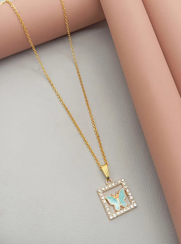 SHANKHRAJ_MALL_Crystal_Bow_Pendant_Necklace_with_Pink_Opal_Square_Stone,_Chrome_Chain,_Rhinestone_Accents_(CN33)