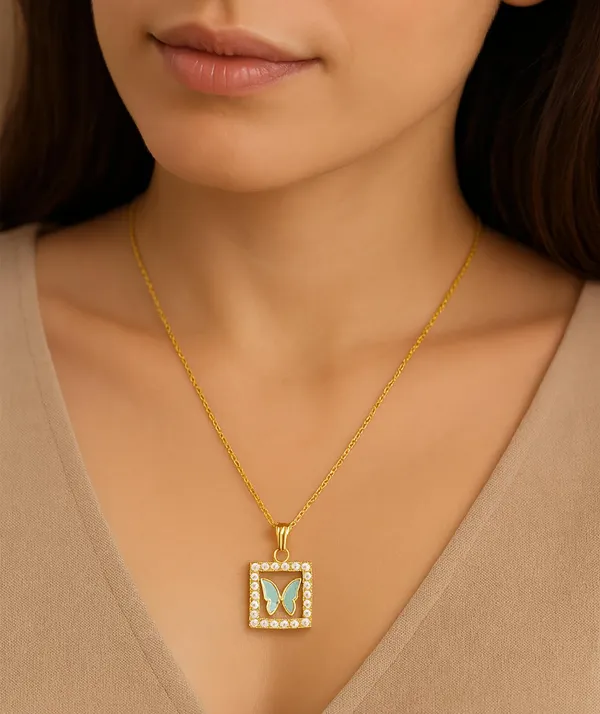 SHANKHRAJ_MALL_Crystal_Bow_Pendant_Necklace_with_Pink_Opal_Square_Stone,_Chrome_Chain,_Rhinestone_Accents_(CN33)