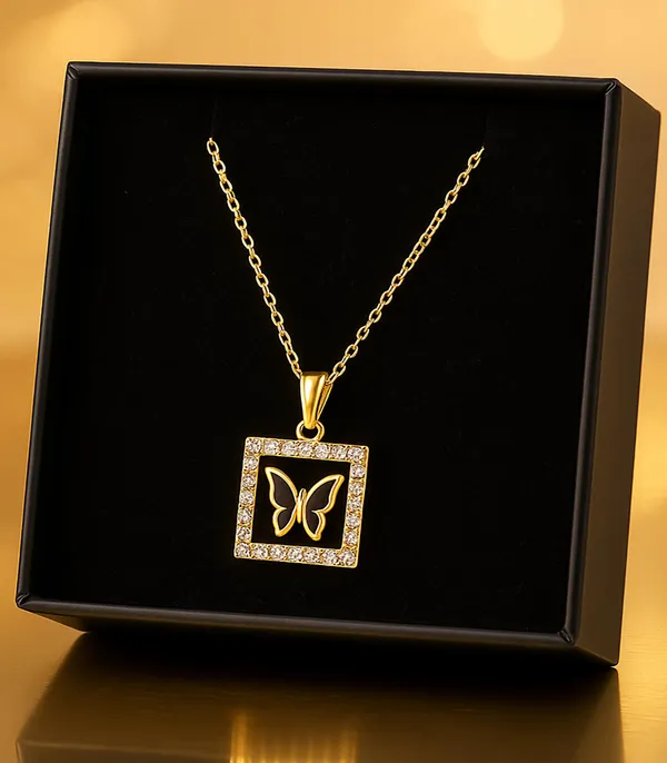 SHANKHRAJ_MALL_Crystal_Bow_Pendant_Necklace_with_Pink_Opal_Square_Stone,_Chrome_Chain,_Rhinestone_Accents_(CN31)