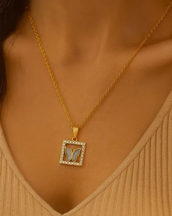 SHANKHRAJ_MALL_Crystal_Bow_Pendant_Necklace_with_Pink_Opal_Square_Stone,_Chrome_Chain,_Rhinestone_Accents_(CN31)
