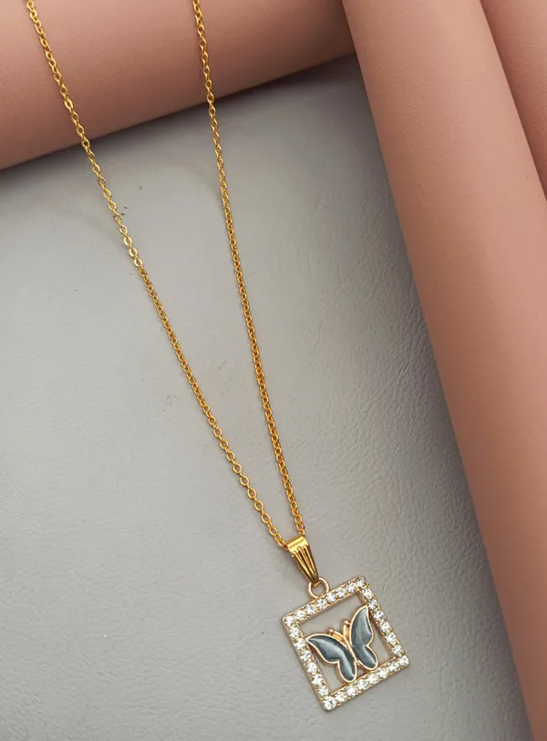 SHANKHRAJ_MALL_Crystal_Bow_Pendant_Necklace_with_Pink_Opal_Square_Stone,_Chrome_Chain,_Rhinestone_Accents_(CN31)