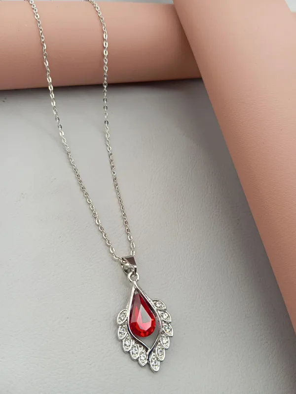 SHANKHRAJ_MALL_Crystal_Bow_Pendant_Necklace_with_Pink_Opal_Square_Stone,_Chrome_Chain,_Rhinestone_Accents_(CN20)