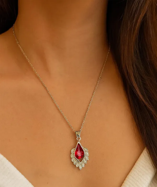 SHANKHRAJ_MALL_Crystal_Bow_Pendant_Necklace_with_Pink_Opal_Square_Stone,_Chrome_Chain,_Rhinestone_Accents_(CN20)