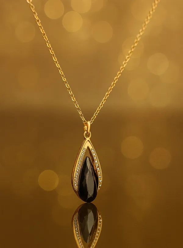 SHANKHRAJ_MALL_Elegant_Teardrop_Crystal_Pendant_Necklace,_Gold-Plated_Chain,_Black_Stone_with_Rhinestone_Accents