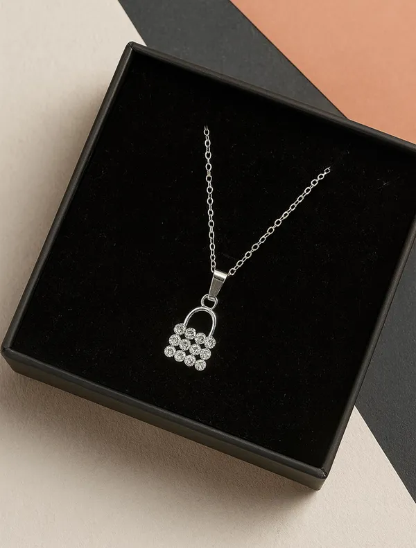 SHANKHRAJ_MALL_Crystal_Bow_Pendant_Necklace_with_Pink_Opal_Square_Stone,_Chrome_Chain,_Rhinestone_Accents_(CN16)