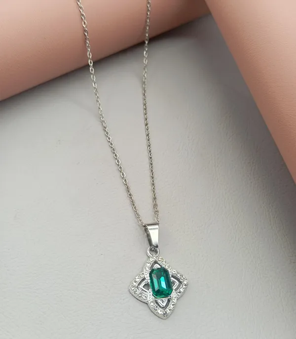 SHANKHRAJ_MALL_Crystal_Bow_Pendant_Necklace_with_Pink_Opal_Square_Stone,_Chrome_Chain,_Rhinestone_Accents_(CN11)