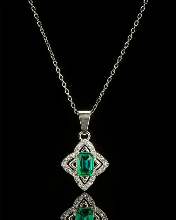 SHANKHRAJ_MALL_Crystal_Bow_Pendant_Necklace_with_Pink_Opal_Square_Stone,_Chrome_Chain,_Rhinestone_Accents_(CN11)