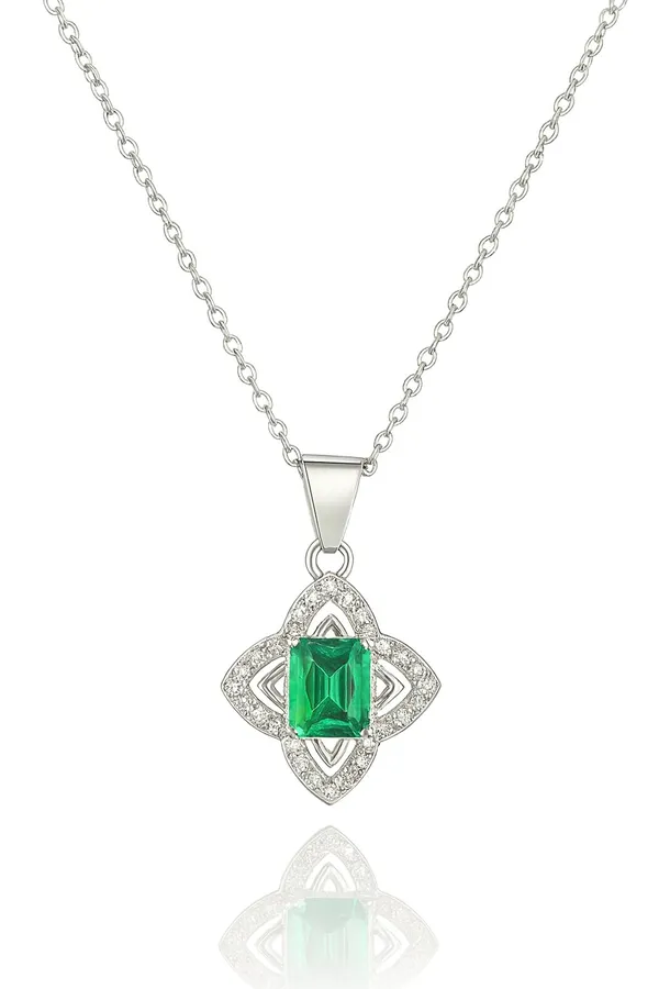 SHANKHRAJ_MALL_Crystal_Bow_Pendant_Necklace_with_Pink_Opal_Square_Stone,_Chrome_Chain,_Rhinestone_Accents_(CN11)
