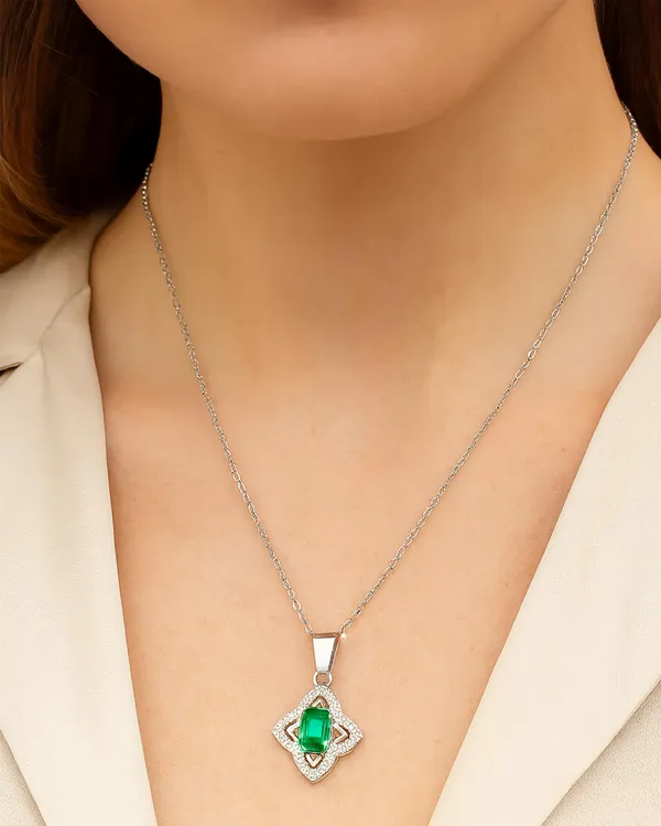 SHANKHRAJ_MALL_Crystal_Bow_Pendant_Necklace_with_Pink_Opal_Square_Stone,_Chrome_Chain,_Rhinestone_Accents_(CN11)