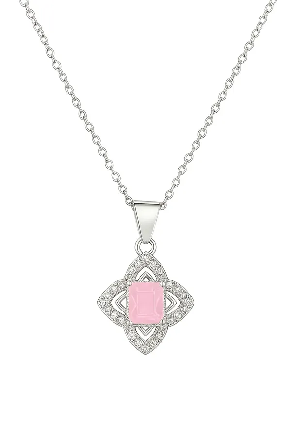 SHANKHRAJ_MALL_Crystal_Bow_Pendant_Necklace_with_Pink_Opal_Square_Stone,_Chrome_Chain,_Rhinestone_Accents_(CN10)