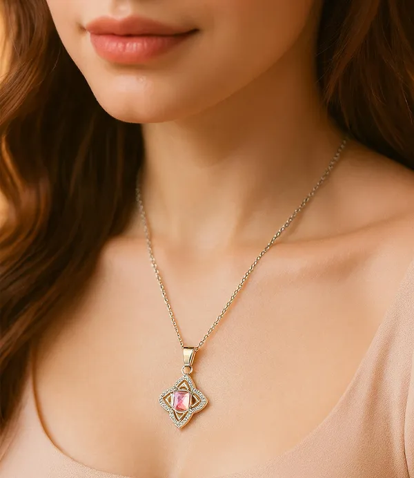 SHANKHRAJ_MALL_Crystal_Bow_Pendant_Necklace_with_Pink_Opal_Square_Stone,_Chrome_Chain,_Rhinestone_Accents_(CN10)