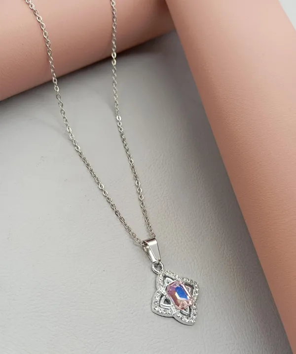 SHANKHRAJ_MALL_Crystal_Bow_Pendant_Necklace_with_Pink_Opal_Square_Stone,_Chrome_Chain,_Rhinestone_Accents_(CN10)