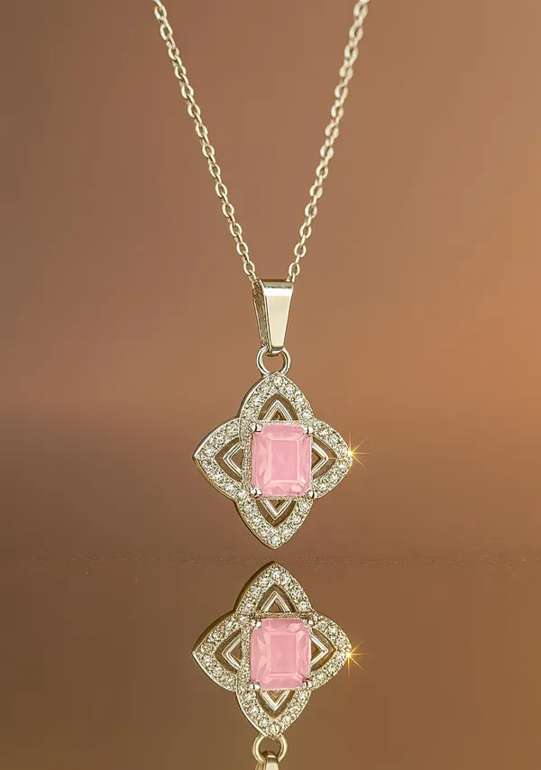 SHANKHRAJ_MALL_Crystal_Bow_Pendant_Necklace_with_Pink_Opal_Square_Stone,_Chrome_Chain,_Rhinestone_Accents_(CN10)