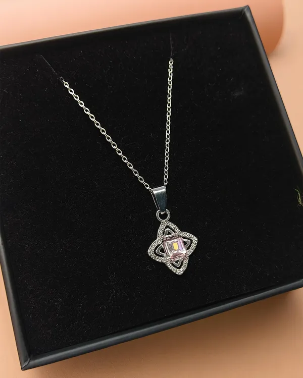 SHANKHRAJ_MALL_Crystal_Bow_Pendant_Necklace_with_Pink_Opal_Square_Stone,_Chrome_Chain,_Rhinestone_Accents_(CN10)