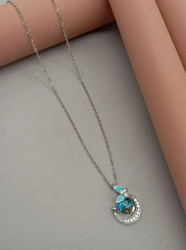 SHANKHRAJ_MALL_Crystal_Bow_Pendant_Necklace_with_Pink_Opal_Square_Stone,_Chrome_Chain,_Rhinestone_Accents_(CN30)