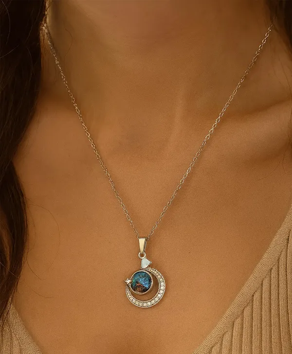 SHANKHRAJ_MALL_Crystal_Bow_Pendant_Necklace_with_Pink_Opal_Square_Stone,_Chrome_Chain,_Rhinestone_Accents_(CN30)