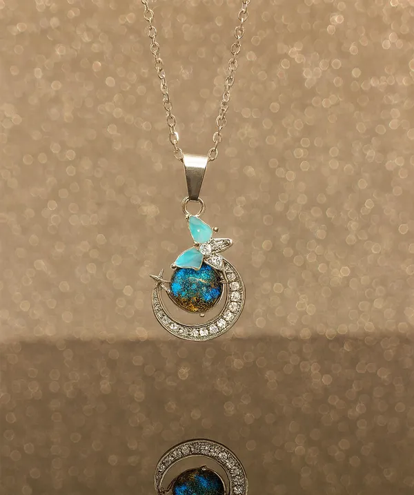 SHANKHRAJ_MALL_Crystal_Bow_Pendant_Necklace_with_Pink_Opal_Square_Stone,_Chrome_Chain,_Rhinestone_Accents_(CN30)