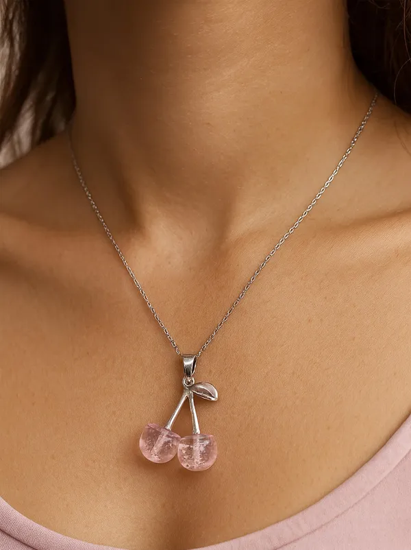 SHANKHRAJ_MALL_Crystal_Bow_Pendant_Necklace_with_Pink_Opal_Square_Stone,_Chrome_Chain,_Rhinestone_Accents_(CN88)