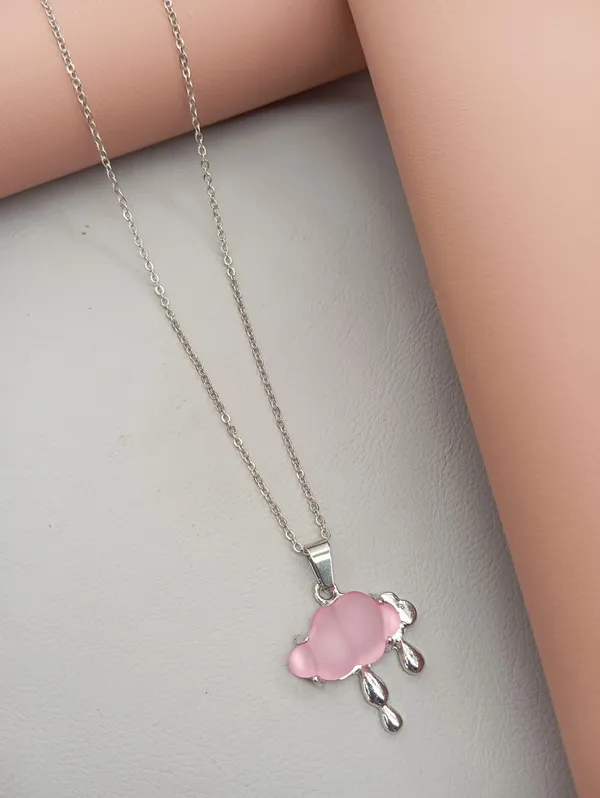 SHANKHRAJ_MALL_Crystal_Bow_Pendant_Necklace_with_Pink_Opal_Square_Stone,_Chrome_Chain,_Rhinestone_Accents_(CN34)