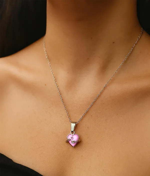 SHANKHRAJ_MALL_Crystal_Bow_Pendant_Necklace_with_Pink_Opal_Square_Stone,_Chrome_Chain,_Rhinestone_Accents_(CN12)