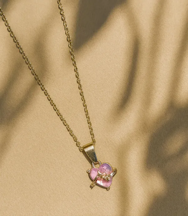 SHANKHRAJ_MALL_Crystal_Bow_Pendant_Necklace_with_Pink_Opal_Square_Stone,_Chrome_Chain,_Rhinestone_Accents_(CN12)