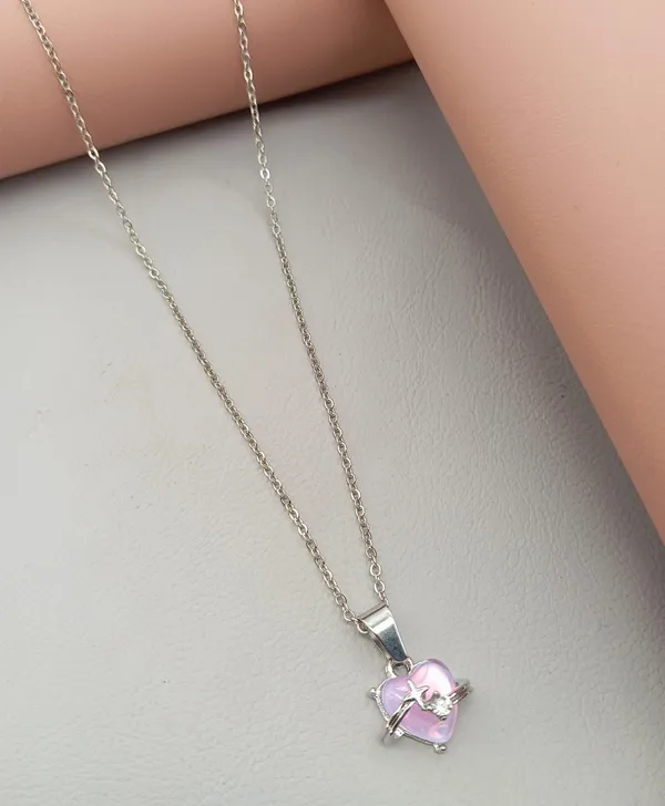 SHANKHRAJ_MALL_Crystal_Bow_Pendant_Necklace_with_Pink_Opal_Square_Stone,_Chrome_Chain,_Rhinestone_Accents_(CN12)