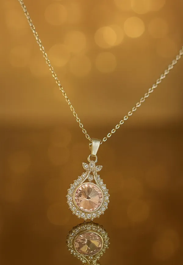 SHANKHRAJ_MALL_Crystal_Bow_Pendant_Necklace_with_Pink_Opal_Square_Stone,_Chrome_Chain,_Rhinestone_Accents_(cn-8)