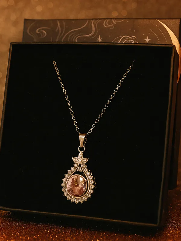 SHANKHRAJ_MALL_Crystal_Bow_Pendant_Necklace_with_Pink_Opal_Square_Stone,_Chrome_Chain,_Rhinestone_Accents_(cn-8)