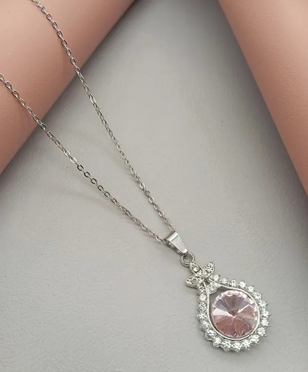 SHANKHRAJ_MALL_Crystal_Bow_Pendant_Necklace_with_Pink_Opal_Square_Stone,_Chrome_Chain,_Rhinestone_Accents_(cn-8)