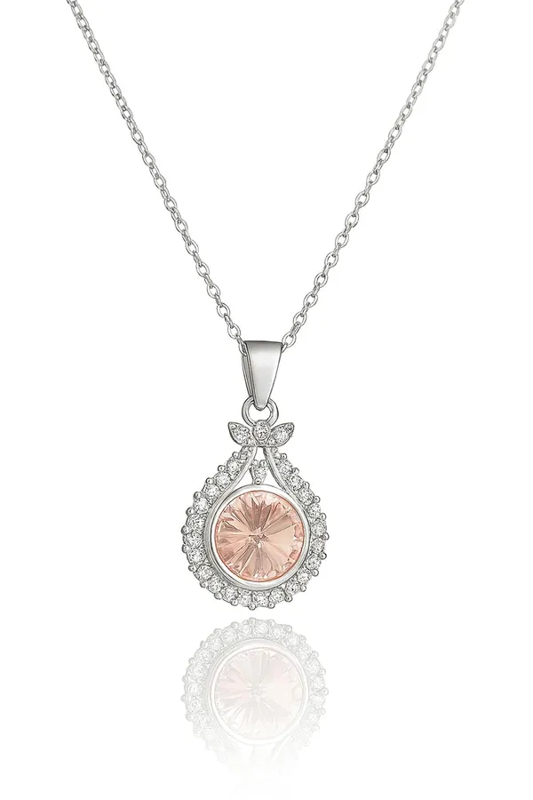 SHANKHRAJ_MALL_Crystal_Bow_Pendant_Necklace_with_Pink_Opal_Square_Stone,_Chrome_Chain,_Rhinestone_Accents_(cn-8)