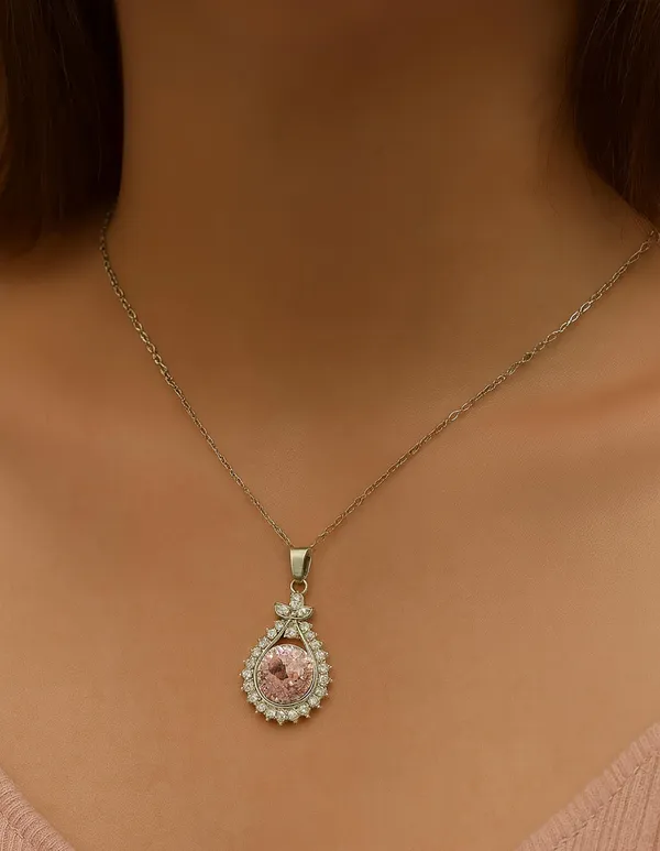 SHANKHRAJ_MALL_Crystal_Bow_Pendant_Necklace_with_Pink_Opal_Square_Stone,_Chrome_Chain,_Rhinestone_Accents_(cn-8)