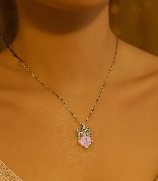 SHANKHRAJ_MALL_Crystal_Bow_Pendant_Necklace_with_Pink_Opal_Square_Stone,_Chrome_Chain,_Rhinestone_Accents_(CN9)