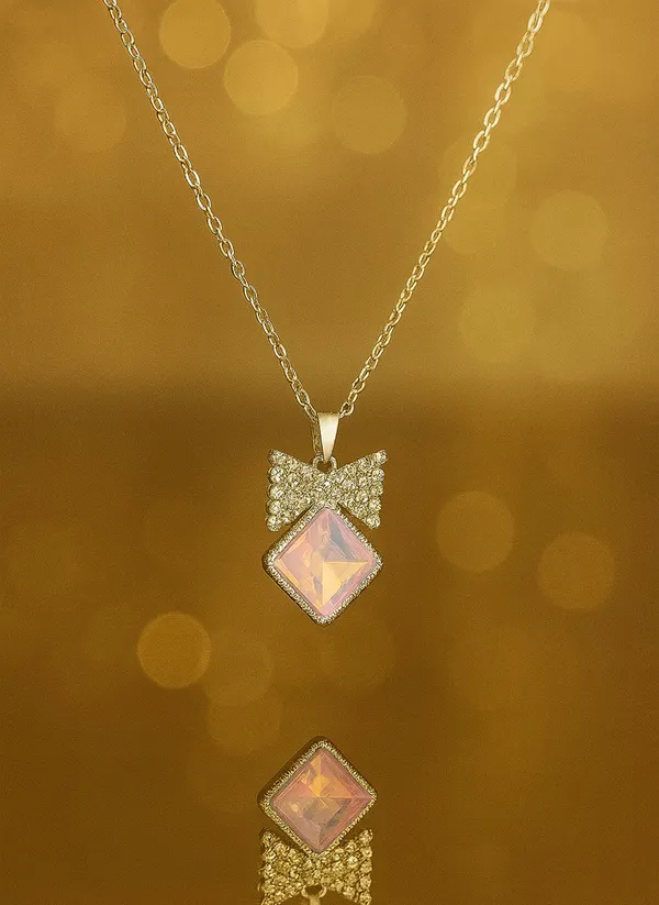 SHANKHRAJ_MALL_Crystal_Bow_Pendant_Necklace_with_Pink_Opal_Square_Stone,_Chrome_Chain,_Rhinestone_Accents_(CN9)