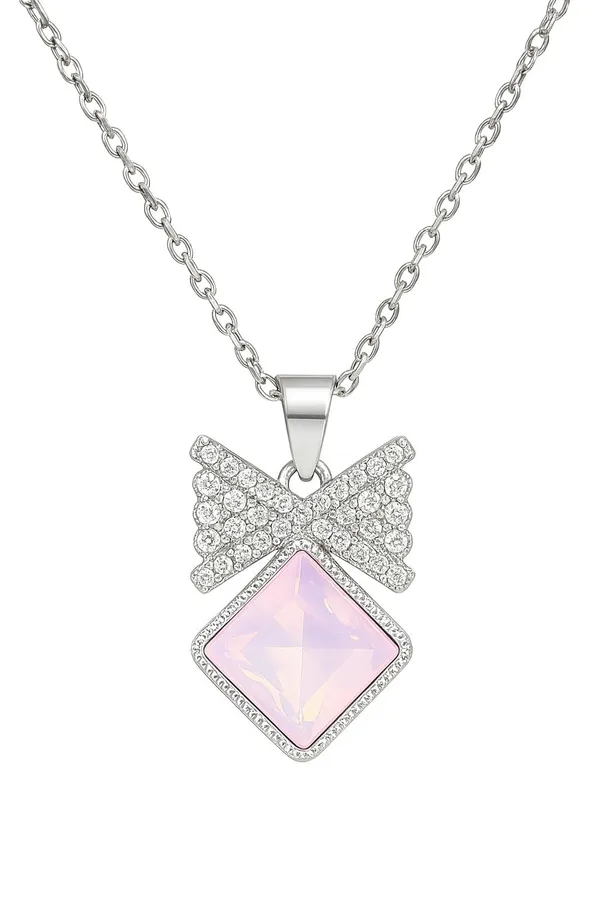 SHANKHRAJ_MALL_Crystal_Bow_Pendant_Necklace_with_Pink_Opal_Square_Stone,_Chrome_Chain,_Rhinestone_Accents_(CN9)