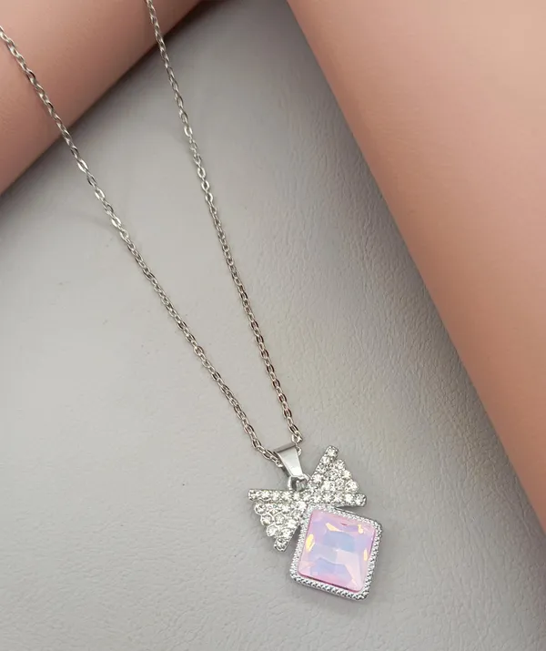 SHANKHRAJ_MALL_Crystal_Bow_Pendant_Necklace_with_Pink_Opal_Square_Stone,_Chrome_Chain,_Rhinestone_Accents_(CN9)