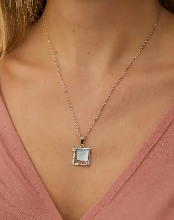 SHANKHRAJ_MALL_Crystal_Bow_Pendant_Necklace_with_Pink_Opal_Square_Stone,_Chrome_Chain,_Rhinestone_Accents_(CN36)