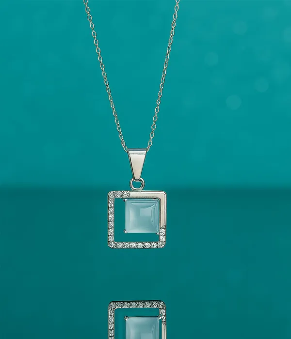 SHANKHRAJ_MALL_Crystal_Bow_Pendant_Necklace_with_Pink_Opal_Square_Stone,_Chrome_Chain,_Rhinestone_Accents_(CN36)